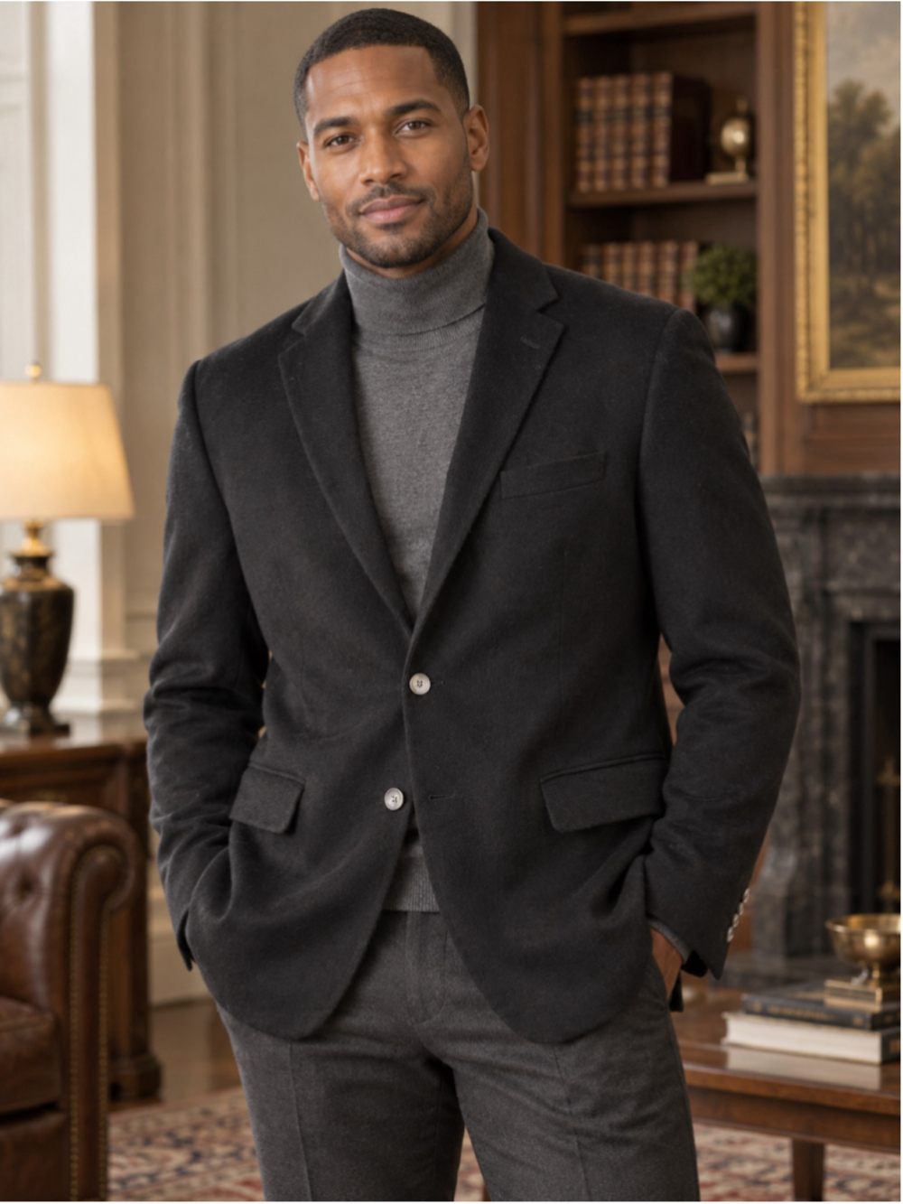 100% Cashmere Blazer Men 42R Black Brown 1826 LUX Old Money Dark Academia Black